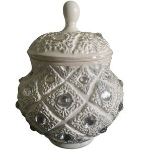 Vintage KF White Gray Rhinestone Decorative 8” Victorian Jar with Lid
